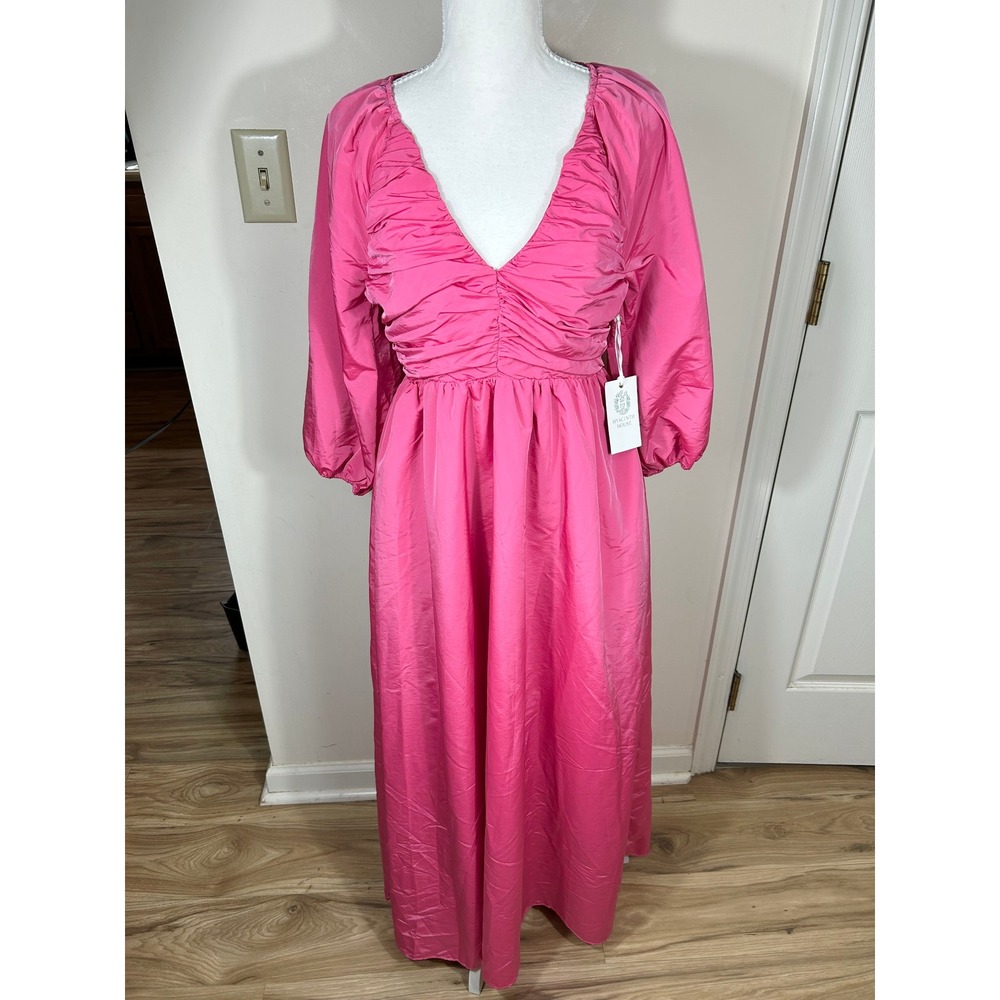 Tuckernuck Hyacinth House Gia Maxi Dress Sz‎ XS Fuchsia Ruched Puff Sleeve Lined
